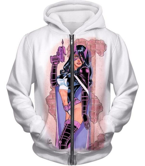 Extremely Hot DC Heroine Huntress Cool Action White Hoodie - Zip Up Hoodie