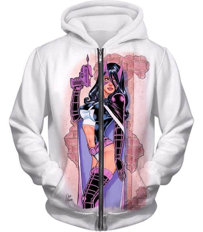 Extremely Hot DC Heroine Huntress Cool Action White Zip Up Hoodie - Zip Up Hoodie