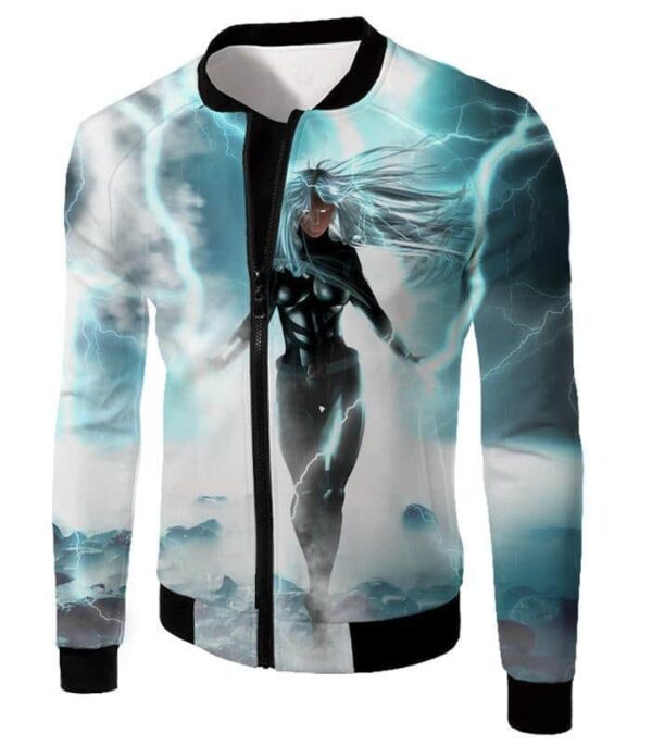 Hot White Haired Animated Storm White Zip Up Hoodie - Jacket