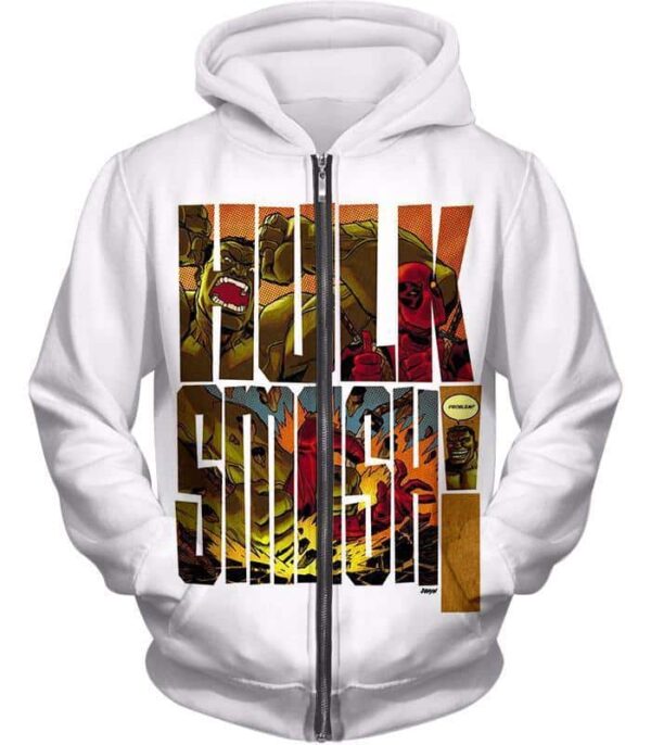 Hulk Smash White Hoodie - Zip Up Hoodie