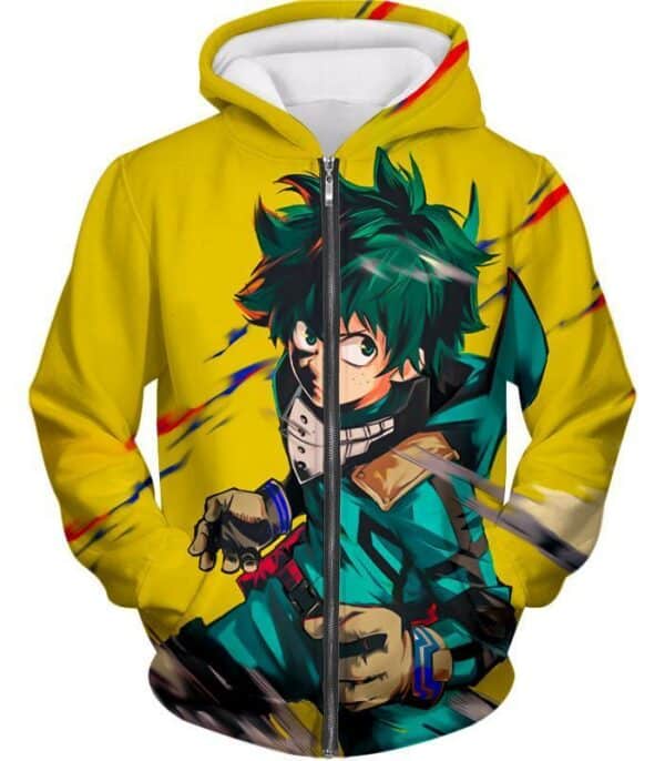 My Hero Academia Hoodie - My Hero Academia Izuki Midoriya Aka Deku Anime Promo Yellow Hoodie - Zip Up Hoodie