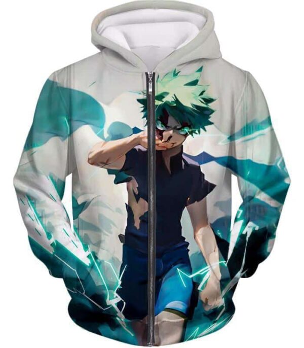 My Hero Academia Hoodie - My Hero Academia Izuki Midoriya Incredible Hero Action White Hoodie - Zip Up Hoodie