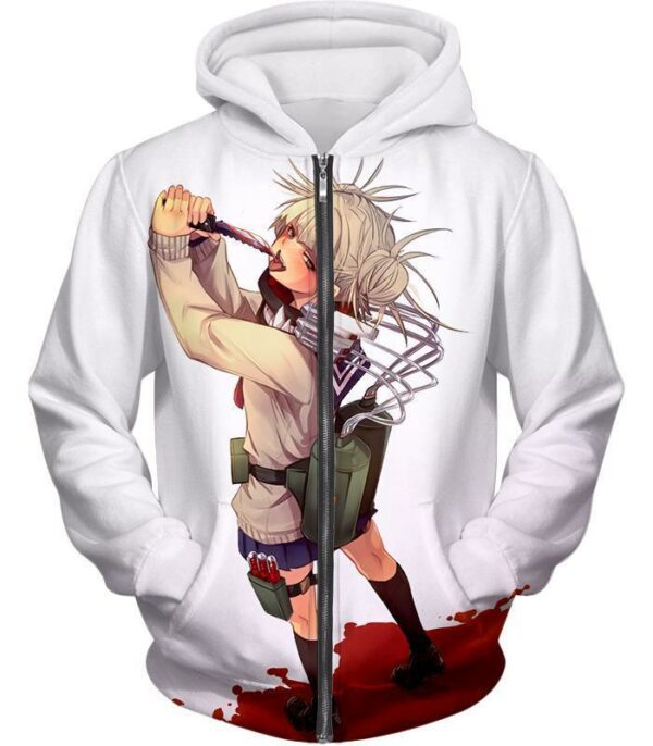 My Hero Academia Hoodie - My Hero Academia Thristy For Blood Transforming Villain Toga Himiko Action White Hoodie - Zip Up Hoodie