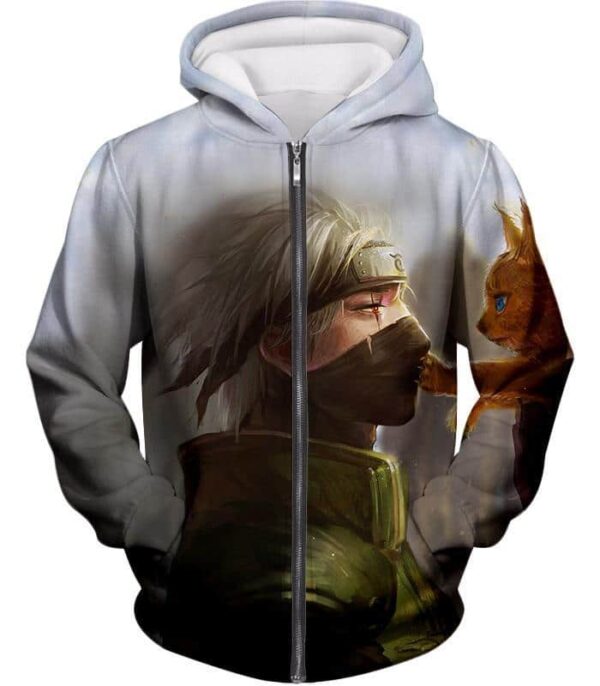 Boruto Young Chakra Beast Kurama And Kakashi HD Print White Hoodie - Zip Up Hoodie