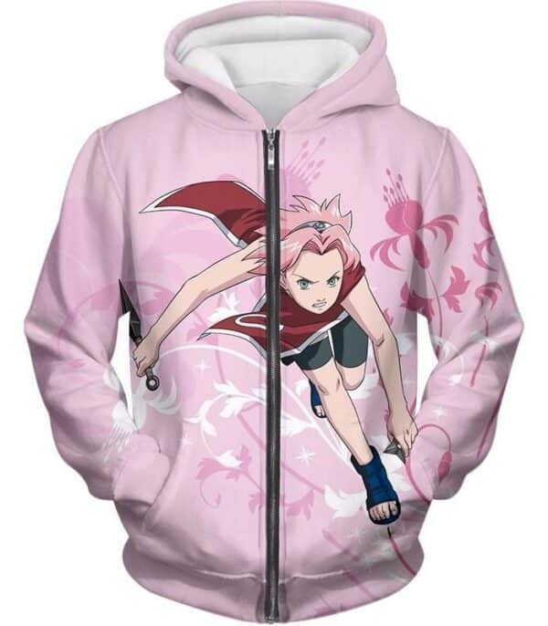 Naruto Cute Pink Haired Ninja Haruno Sakura Action Pink Hoodie - Zip Up Hoodie