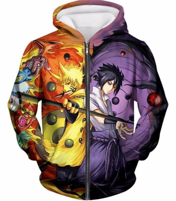 Naruto Reincarnations Of Indra And Ashura Sasuke And Boruto Cool Action Zip Up Hoodie