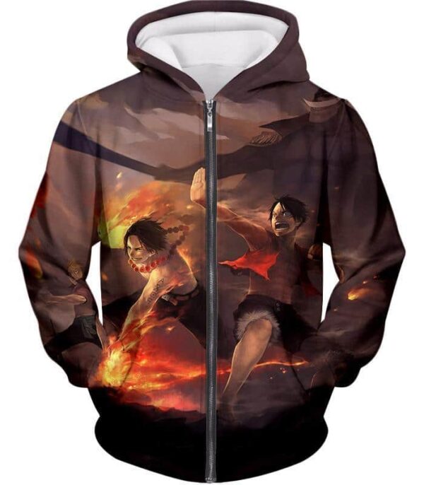 One Piece Hoodie - One Piece Powerful Brothers Bond Luffy And Ace Battle Action  Hoodie - Zip Up Hoodie