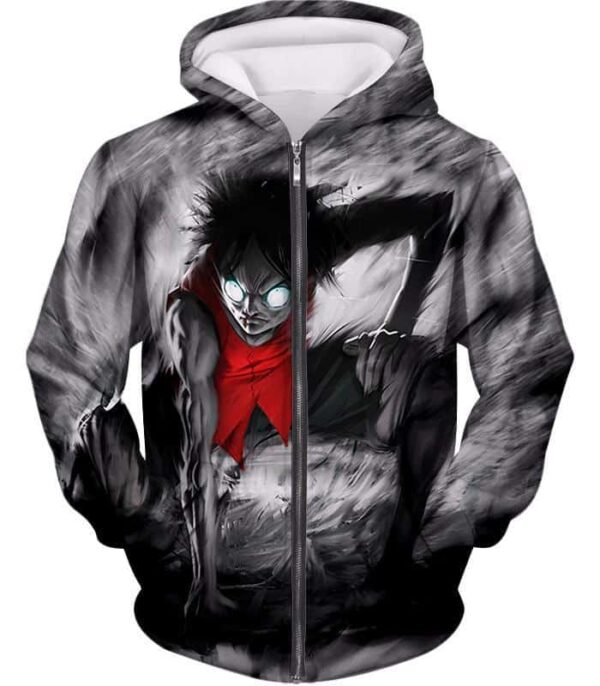 One Piece Hoodie - One Piece Powerful Pirate Straw Hat Luffy Action Black Hoodie - Zip Up Hoodie