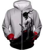 One Piece Hoodie - One Piece Straw Hats Swordsman Bounty Hunter Zoro White Hoodie - Zip Up Hoodie