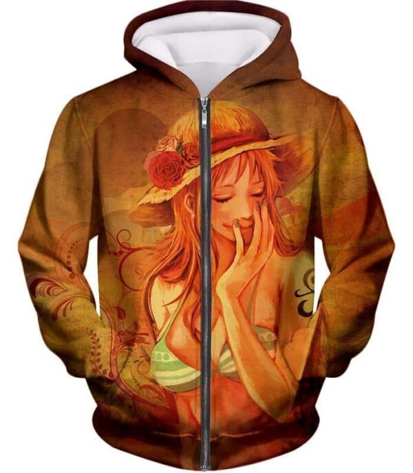 One Piece Hoodie - One Piece Super Hot Pirate Thief Nami Sketch Print Hoodie - Zip Up Hoodie