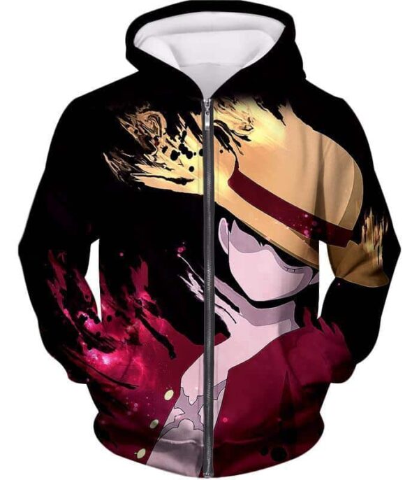 One Piece Hoodie - One Piece Super Pirate Captain Straw Hat Luffy Black Hoodie - Zip Up Hoodie