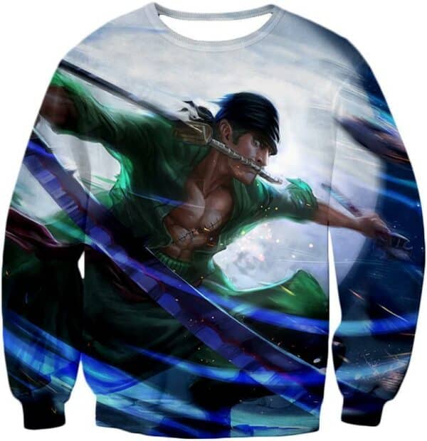 One Piece Hoodie - One Piece Swordsman Roronoa Zoro Action White Hoodie - Sweatshirt