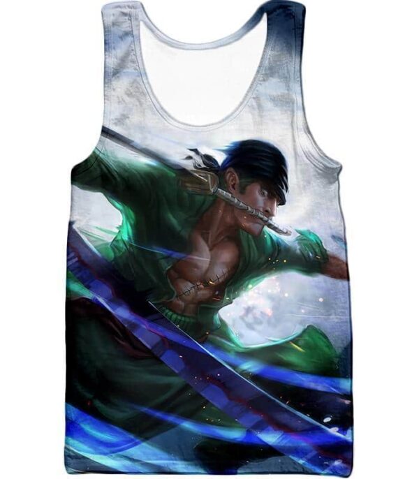 One Piece Hoodie - One Piece Swordsman Roronoa Zoro Action White Hoodie - Tank Top