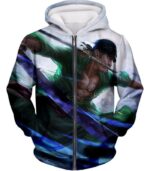 One Piece Hoodie - One Piece Swordsman Roronoa Zoro Action White Hoodie - Zip Up Hoodie