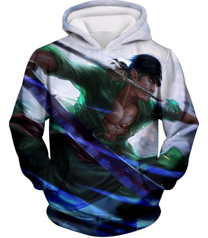 One Piece Hoodie - One Piece Swordsman Roronoa Zoro Action White Hoodie