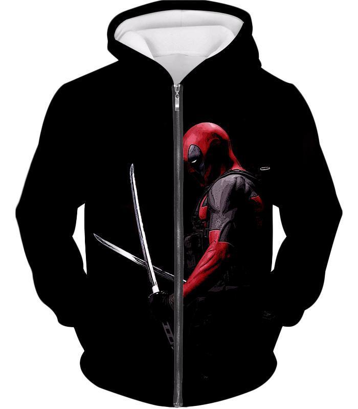 One Piece Zip Up Hoodie - Marvel’s Ultimate Mercenary Deadpool Black Zip Up Hoodie - Zip Up Hoodie