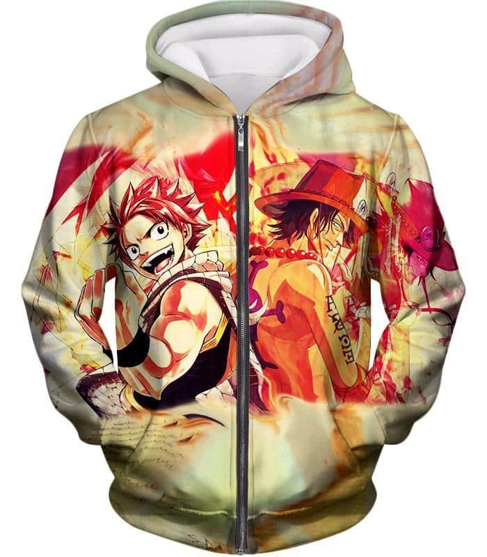 One Piece Zip Up Hoodie - One Piece Fire Using Anime Characters Natsu Dragneel And Portgas D Ace Zip Up Hoodie
