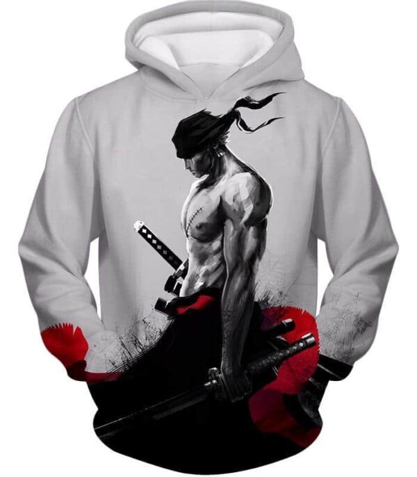 One Piece Zip Up Hoodie - One Piece Straw Hats Swordsman Bounty Hunter Zoro White Zip Up Hoodie - Hoodie