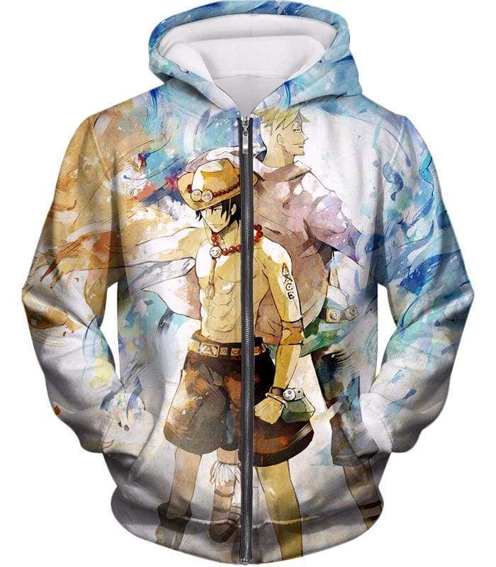 One Piece Zip Up Hoodie - One Piece Whitebeard Pirates Fire Fist Ace And Marco The Phoenix Action Zip Up Hoodie
