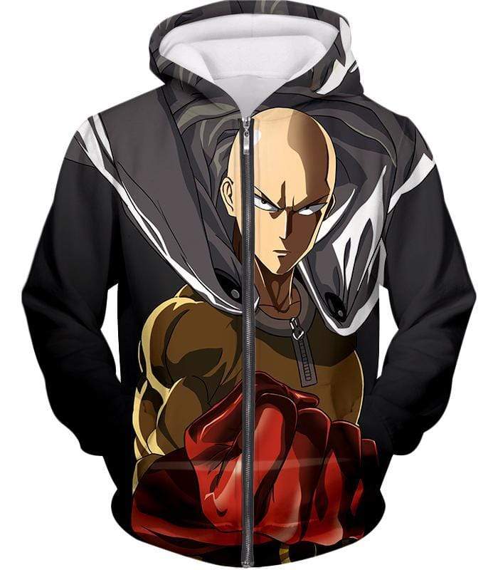 One Punch Man Most Powerful Hero Saitama Promo Black Zip Up Hoodie