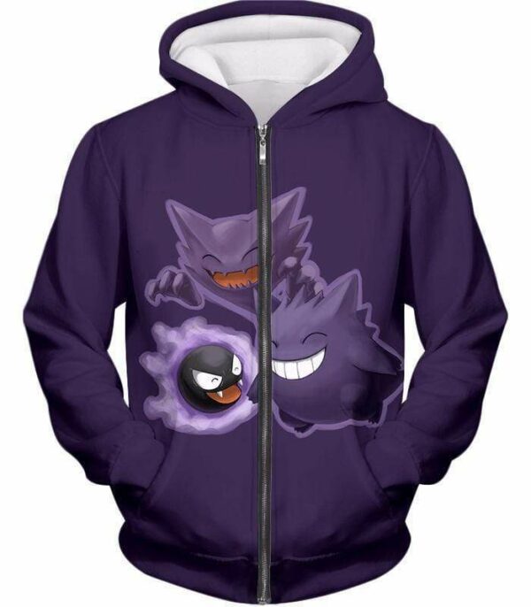 Pokemon Ghost Pokemon Trio Ghastly Hunter And Gengar Cool Anime Hoodie  - Pokemon Hoodie - Zip Up Hoodie