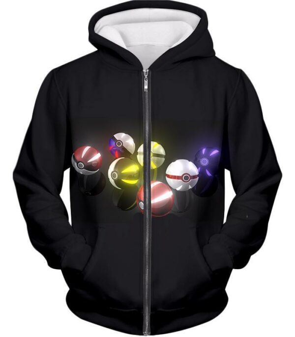 Pokemon Hoodie - Pokemon All Types Of Pokeballs Black Hoodie - Zip Up Hoodie