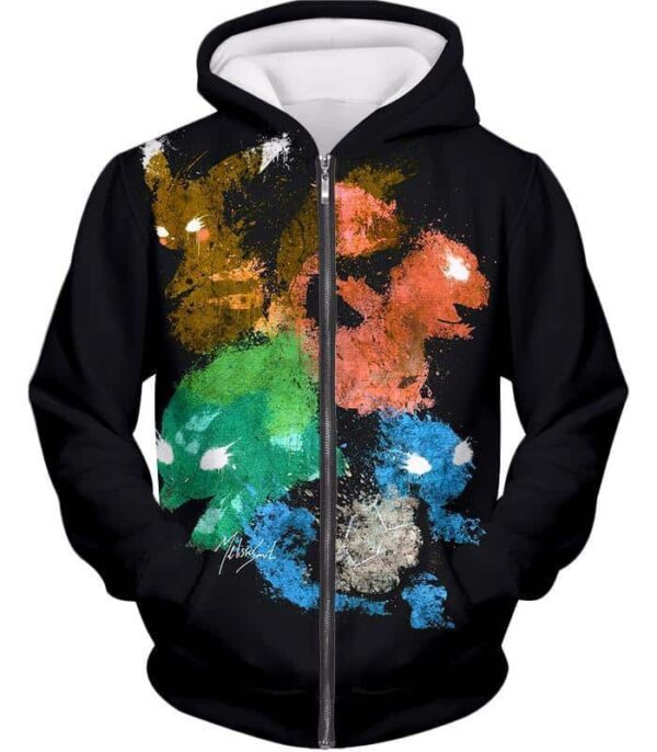 Pokemon Hoodie - Pokemon First Generation Spray Print Cool Black Hoodie - Zip Up Hoodie