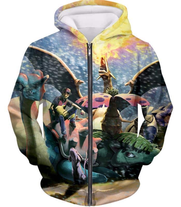 Pokemon Zip Up Hoodie - Pokemon Ash Ketchums First Generation All Evolved Zip Up Hoodie