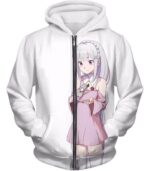 Re:Zero Anime Girl Princess Emilia Cute White Hoodie - Re:Zero Hoodie - Zip Up Hoodie