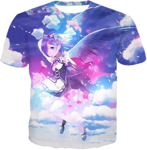 Re:Zero Cute Blue Hair Flying Anime Maid Rem Action Zip Up Hoodie - T-Shirt