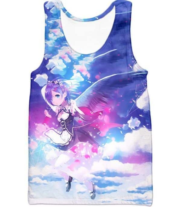 Re:Zero Cute Blue Hair Flying Anime Maid Rem Action Zip Up Hoodie - Tank Top