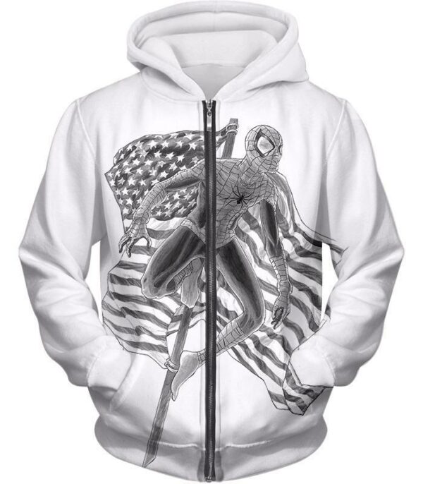 Favourite American Hero Spiderman Sketch White Hoodie - Zip Up Hoodie