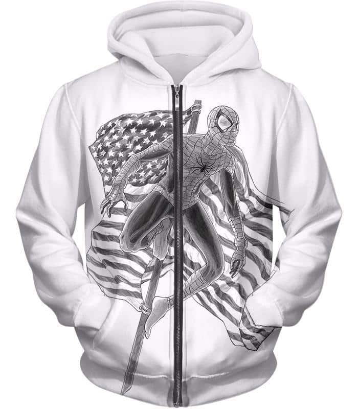 Favourite American Hero Spiderman Sketch White Zip Up Hoodie