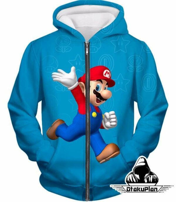 Super Cool Game Hero Mario Cool Promo Blue Hoodie - Zip Up Hoodie