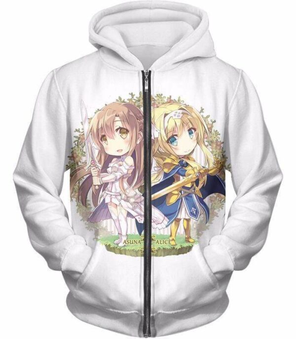 Sword Art Online Anime Girl Asuna And Alice Cool Anime Promo White Hoodie - Sword Art Online Hoodie - Zip Up Hoodie