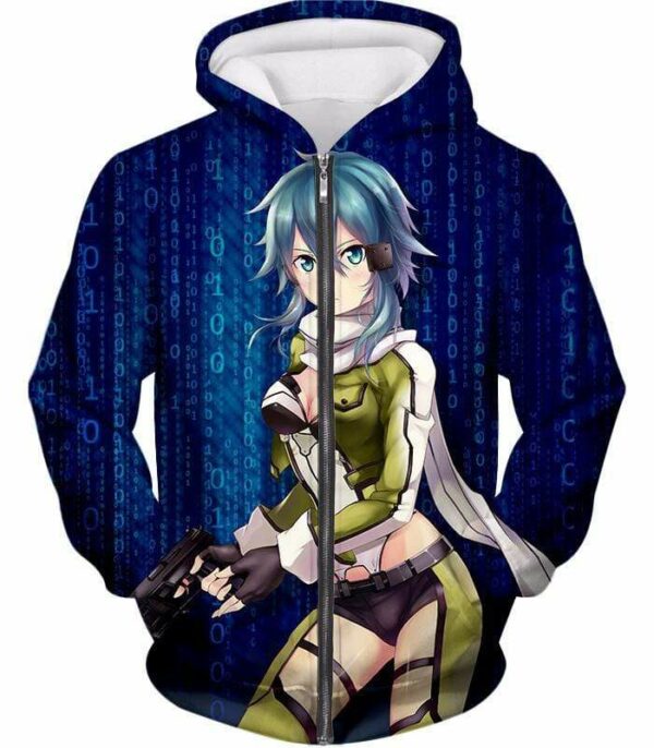 Sword Art Online Cool Anime Promo Asada Shino Action Black Graphic Hoodie - Sword Art Online Hoodie - Zip Up Hoodie