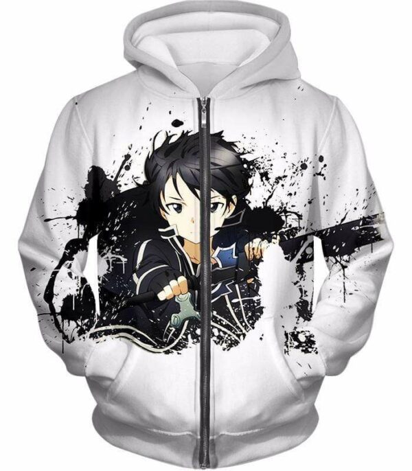 Sword Art Online Cool Hero Kirigaya Kazuto Aka Kirito Action White Zip Up Hoodie - Sword Art Online Hoodie