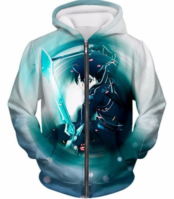 Sword Art Online Kirito Swordplay Action Online White Anime Hoodie - SAO Merch Hoodie - Zip Up Hoodie