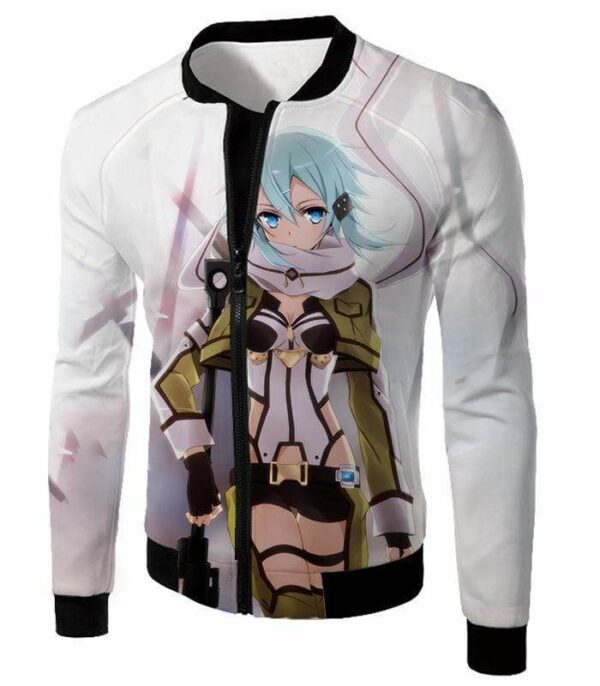 Sword Art Online Ultimate Sniper Gun Gale Online Player Asada Shino Cool White Zip Up Hoodie  - Sword Art Online Zip Up Hoodie - Jacket