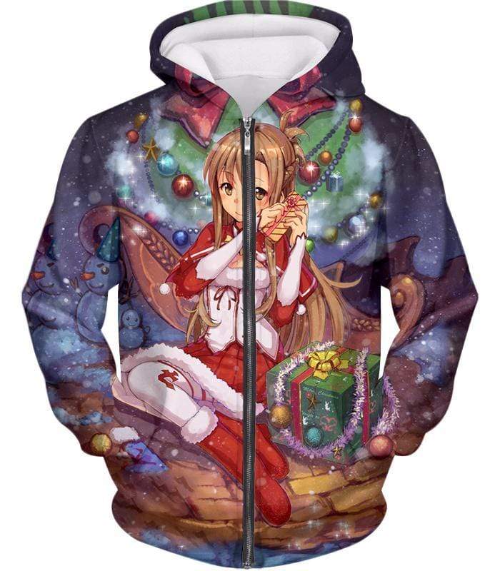 Sword Art Online Yuuki Asuna Promo Christmas Theme Cool Graphic Zip Up Hoodie - Sword Art Online Zip Up Hoodie - Zip Up Hoodie