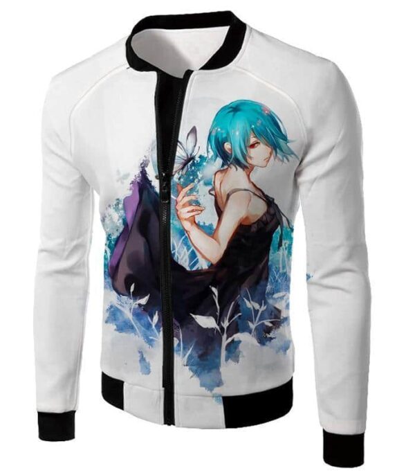 Tokyo Ghoul Beautiful Blue Haired Touka Kirishima Cool Promo White Hoodie - Jacket