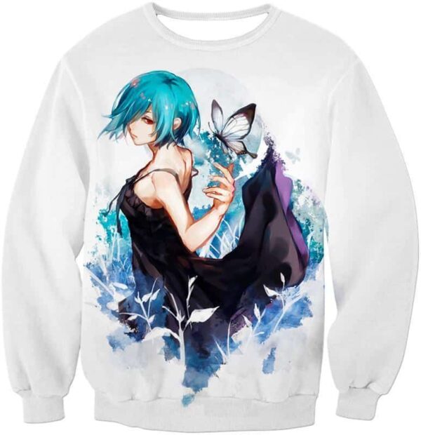 Tokyo Ghoul Beautiful Blue Haired Touka Kirishima Cool Promo White Hoodie - Sweatshirt