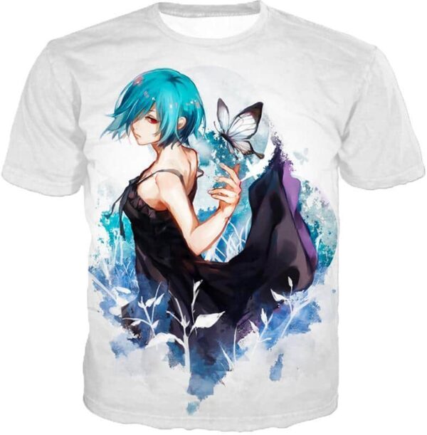 Tokyo Ghoul Beautiful Blue Haired Touka Kirishima Cool Promo White Hoodie - T-Shirt