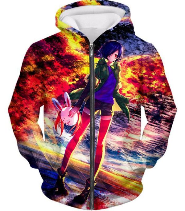 Tokyo Ghoul Hoodie - Tokyo Ghoul Cute Anime Girl Touka Kirishima Art Printed Hoodie - Zip Up Hoodie