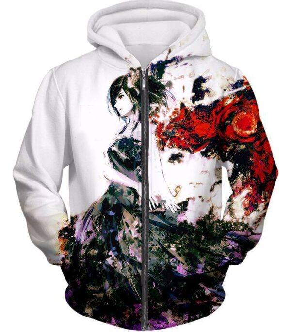 Tokyo Ghoul Hoodie - Tokyo Ghoul Exclusive Touka Kirishima Fan Art Graphic White Hoodie - Zip Up Hoodie