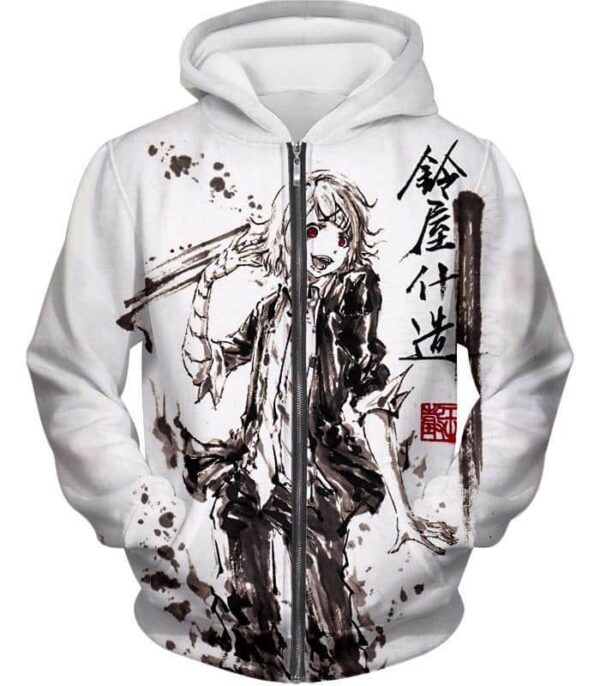 Tokyo Ghoul Hoodie - Tokyo Ghoul Juuzou Suzuya Ghoul Investigator Sketch White Hoodie - Zip Up Hoodie