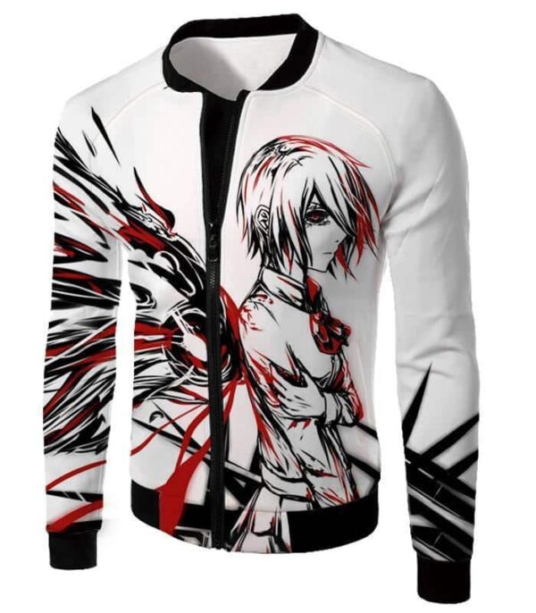 Tokyo Ghoul Kagune Winged Touka White Sketched Zip Up Hoodie - Jacket