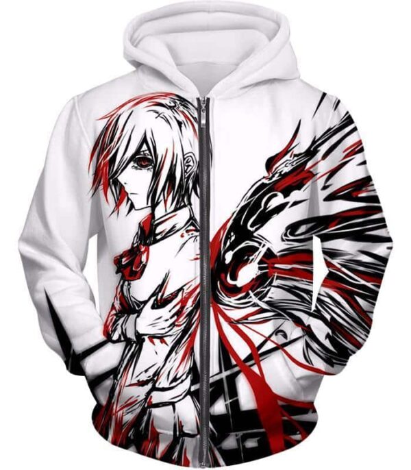 Tokyo Ghoul Kagune Winged Touka White Sketched Zip Up Hoodie - Zip Up Hoodie