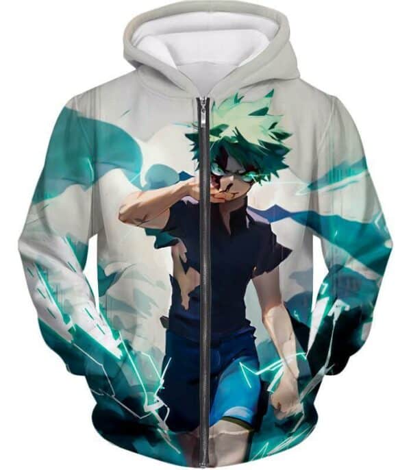 Tokyo Ghoul Zip Up Hoodie - My Hero Academia Izuki Midoriya Incredible Hero Action White Zip Up Hoodie