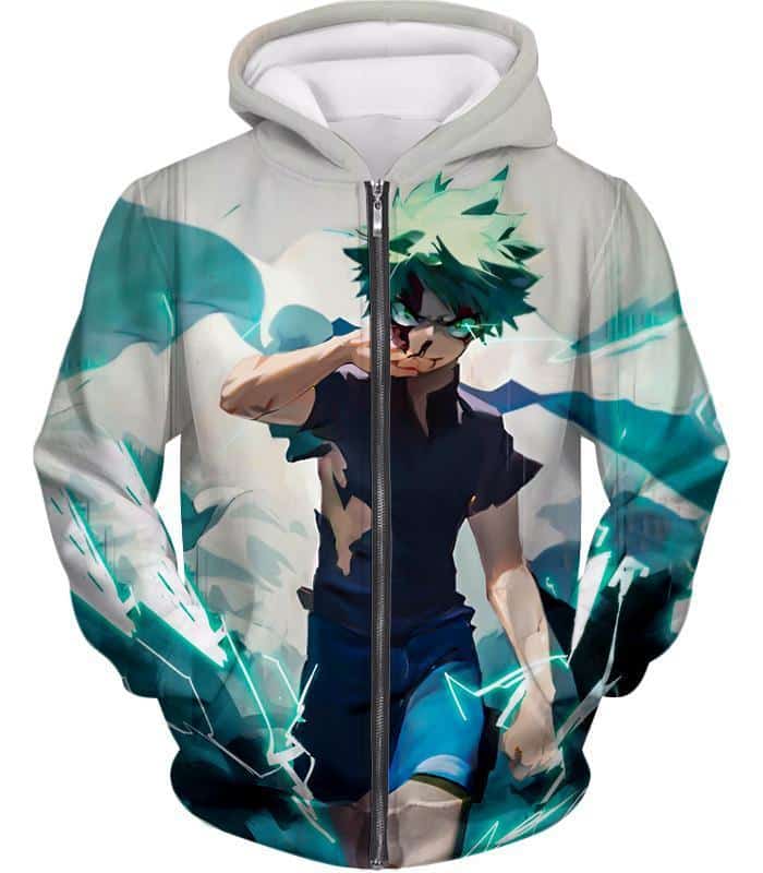 Tokyo Ghoul Zip Up Hoodie - My Hero Academia Izuki Midoriya Incredible Hero Action White Zip Up Hoodie